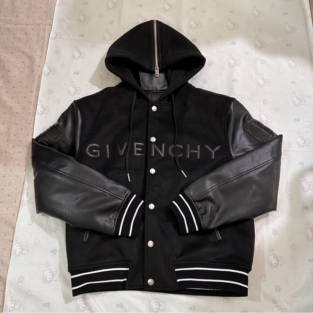 Givenchy Hooded Leather Baseball Jacket, Black